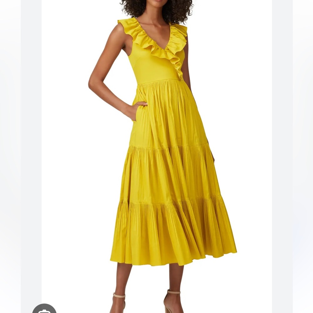 Kate spade yellow poplin dress with ruffles bright v neck ankle length worn once